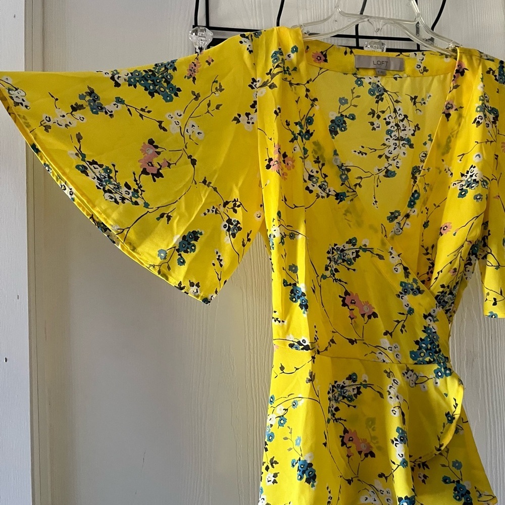 LOFT Yellow Floral Wrap-Tie Blouse - Picture 5 of 9